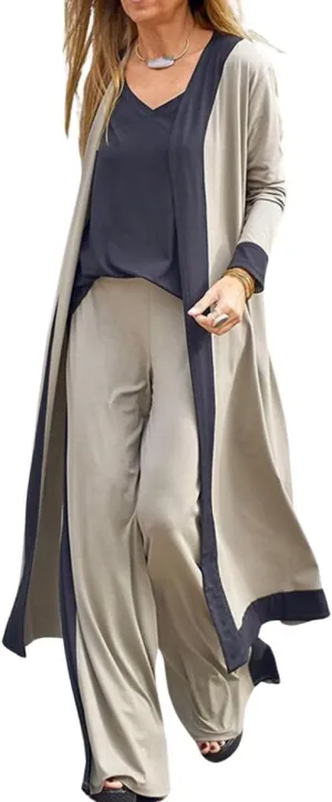 Women's Casual 3 Piece Lounge Sets Splicing Tank Tops Long Sleeve Cardigan Wide Leg Pants Sweatsuit