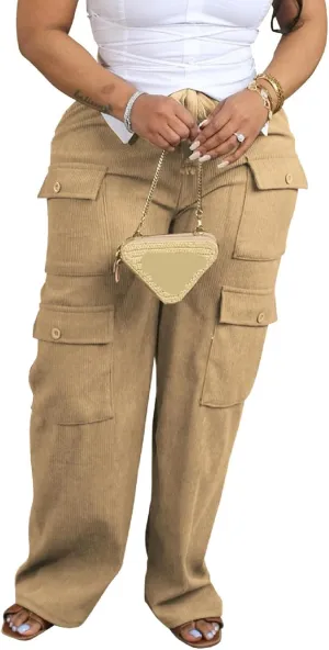 Women's Casual Corduroy Pants 2024 Wide Leg High Waisted Baggy Cargo with Pockets Streetwear Trouser