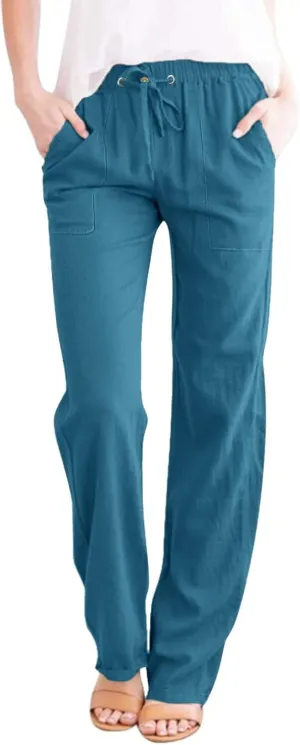 Womens Casual Linen High Waist Pants Drawstring Loose Fit Summer Pants Trousers with Side Pockets 2025