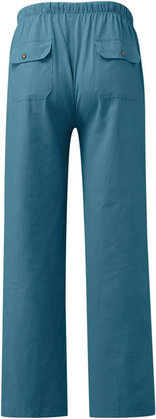 Womens Casual Linen High Waist Pants Drawstring Loose Fit Summer Pants Trousers with Side Pockets 2025