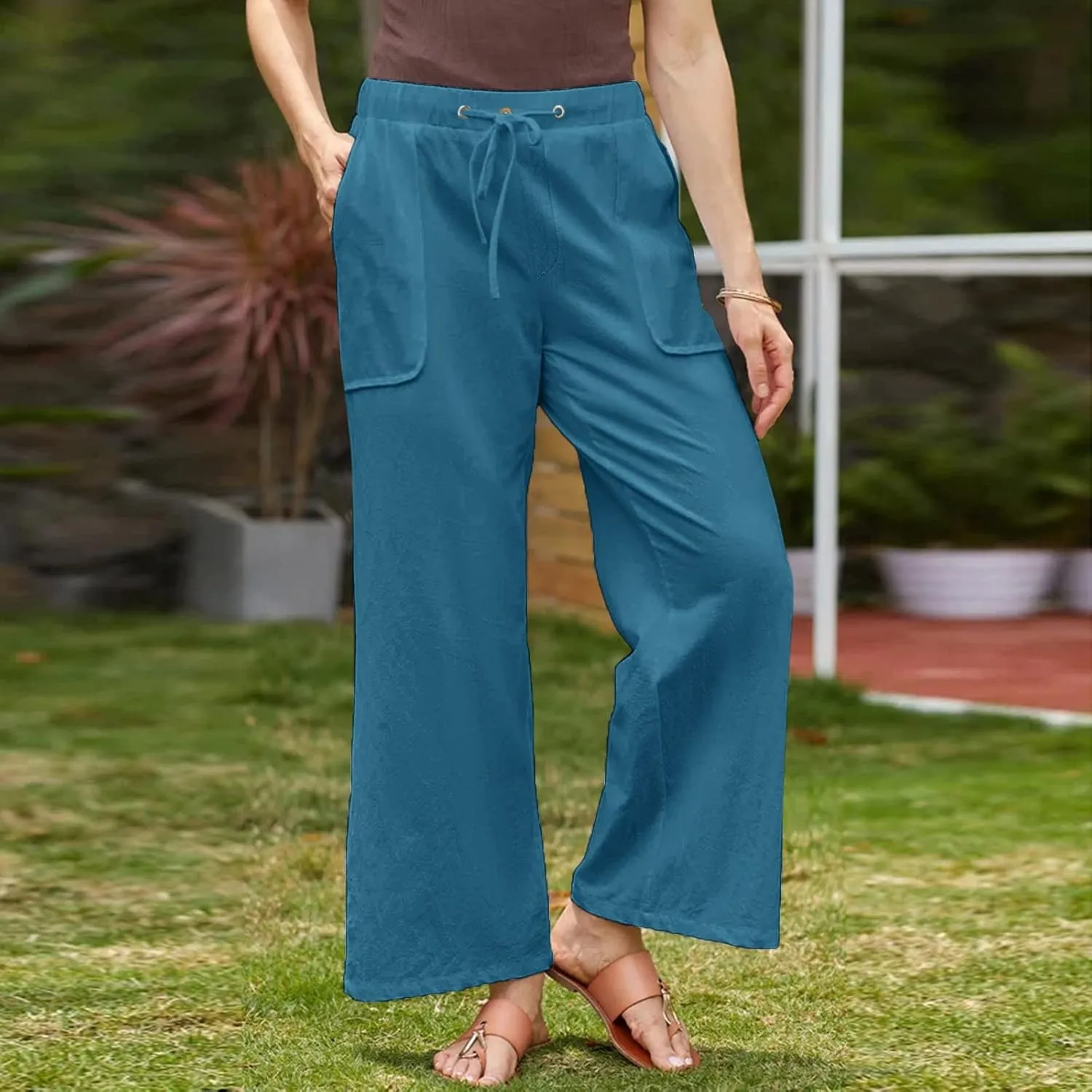 Womens Casual Linen High Waist Pants Drawstring Loose Fit Summer Pants Trousers with Side Pockets 2025