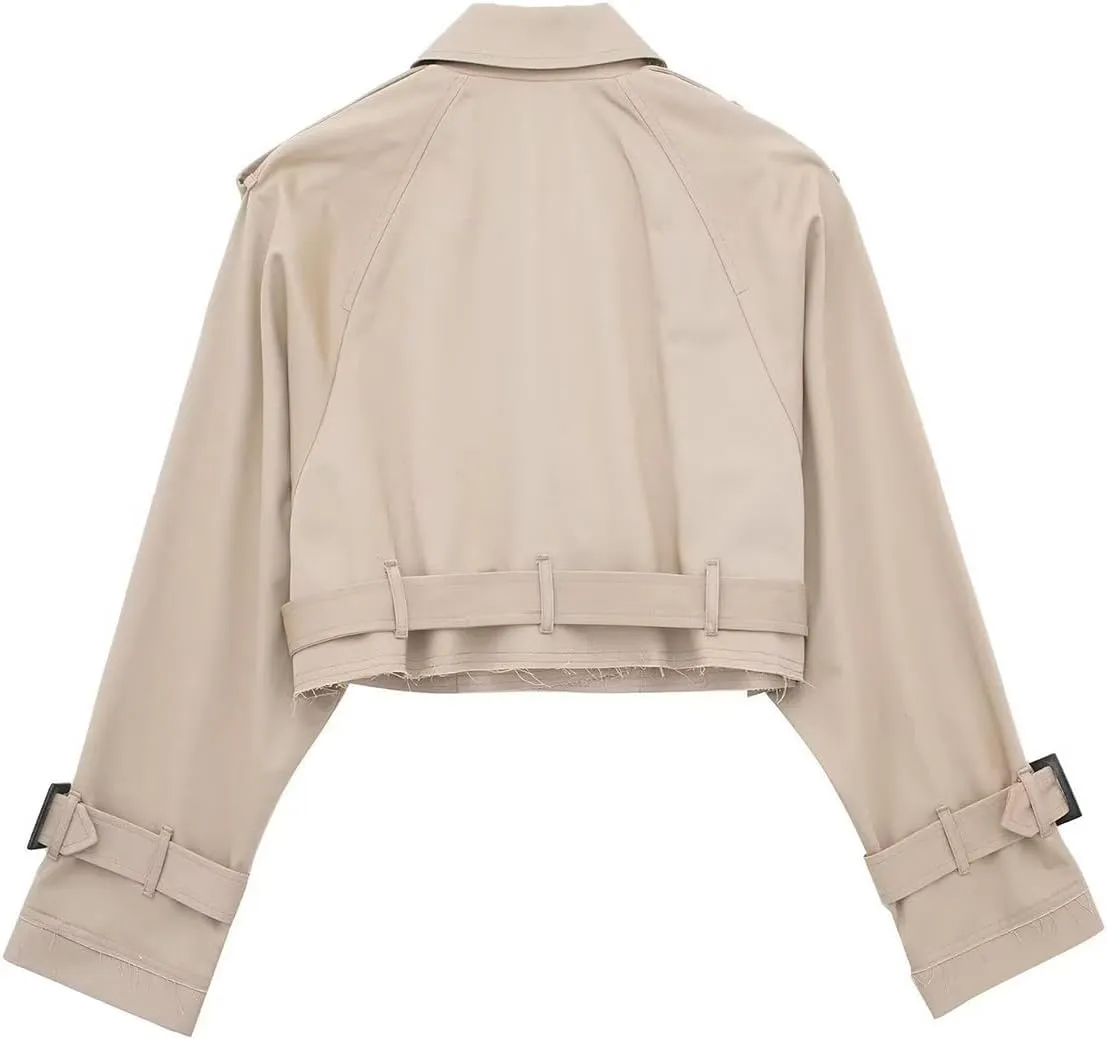 Women's Casual Multicolour Cropped Trench Fashion Coat Lapel Jacket Outwear With Belt