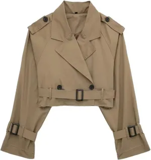Women's Casual Multicolour Cropped Trench Fashion Coat Lapel Jacket Outwear With Belt