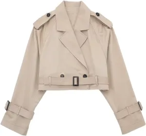 Women's Casual Multicolour Cropped Trench Fashion Coat Lapel Jacket Outwear With Belt