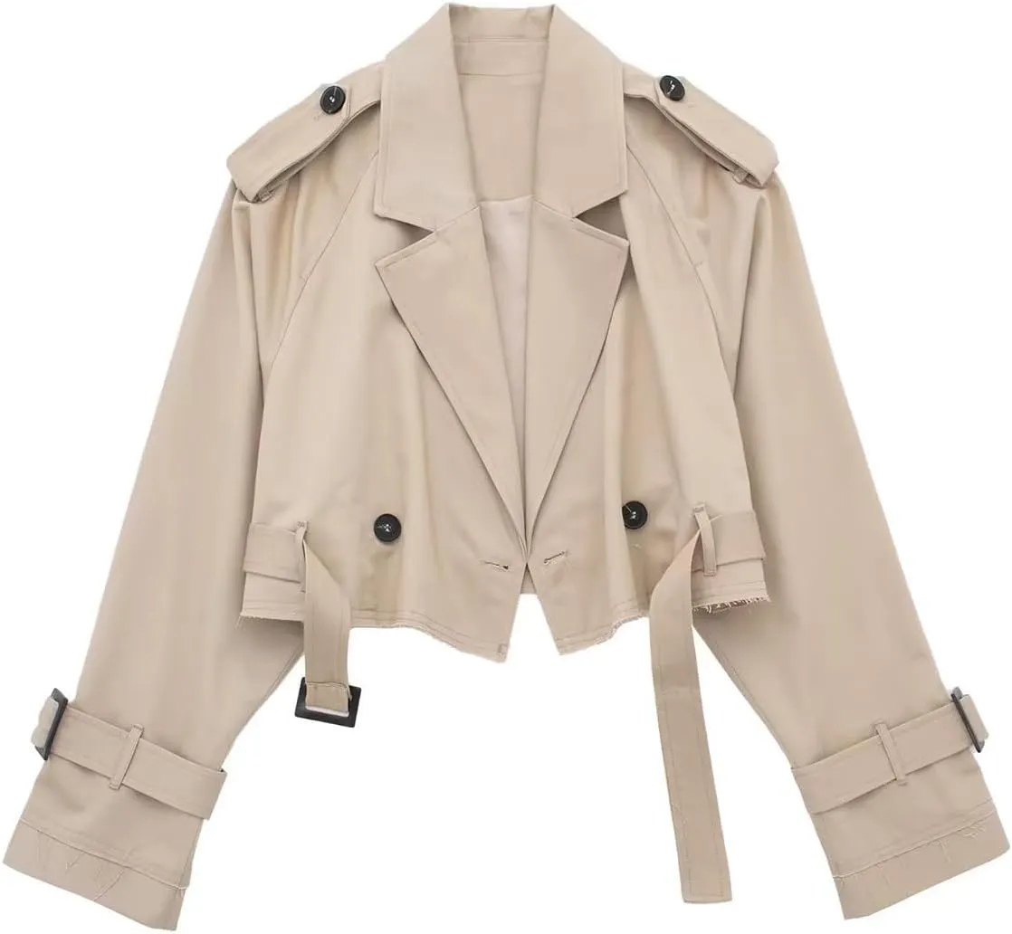 Women's Casual Multicolour Cropped Trench Fashion Coat Lapel Jacket Outwear With Belt