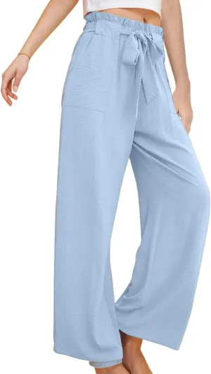 Women's Casual Pants High Waist Lace Up Straight Leg Long Pant Summer Trendy Solid Baggy Palazzo Trouser with Pockets