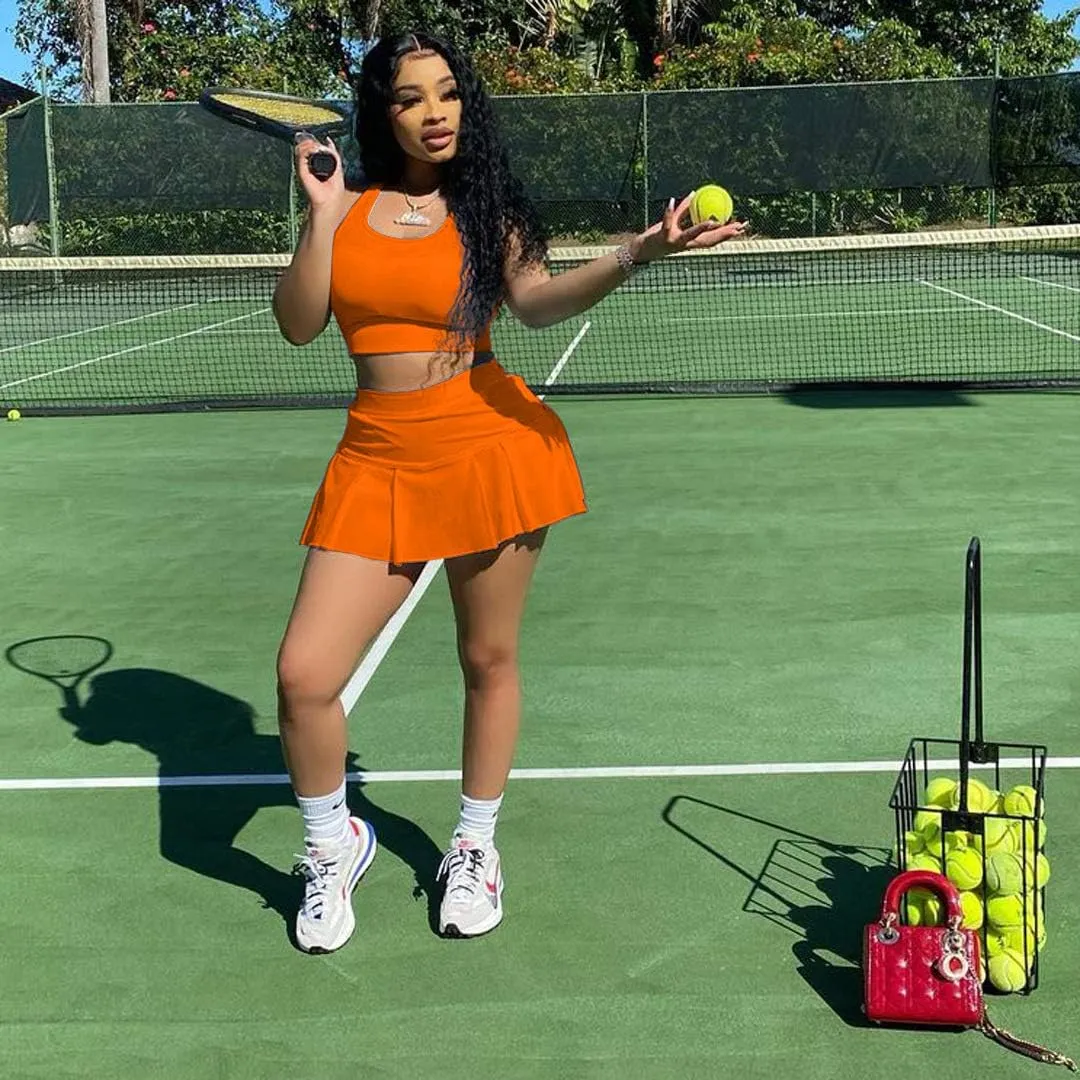 Womens Casual Sports 2 Piece Outfits Skirt Sets Athletic Tank Crop Top Mini Pleated Tennis Golf Skorts Skirts Activewear