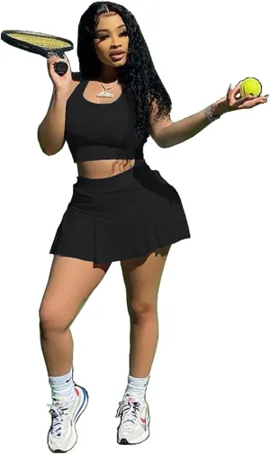 Womens Casual Sports 2 Piece Outfits Skirt Sets Athletic Tank Crop Top Mini Pleated Tennis Golf Skorts Skirts Activewear