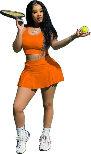 Womens Casual Sports 2 Piece Outfits Skirt Sets Athletic Tank Crop Top Mini Pleated Tennis Golf Skorts Skirts Activewear
