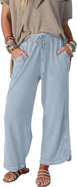 Womens Casual Wide Leg Sweatpants High Waisted Drawstring Palazzo Pants Summer Loose Lounge Pants with Pockets