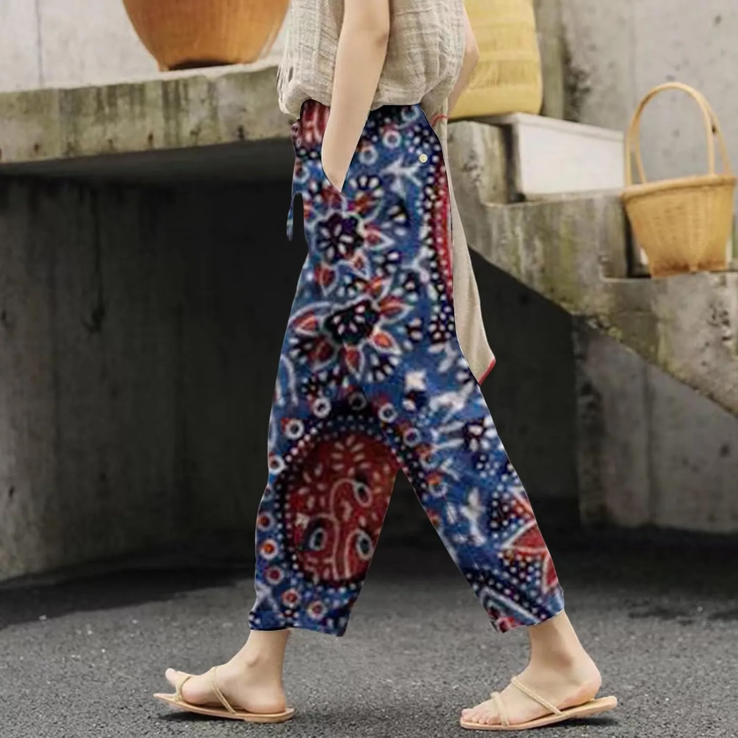 Women's Clothing Summer Casual Drawstring Pants Flowy Wide Leg Beach Trousers with Pockets Fleece Lined Leggings