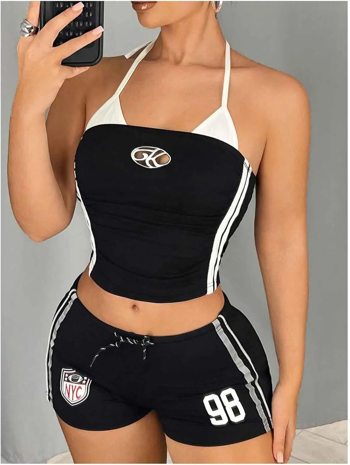 Women's Colorblock Graphic Halter Tank Top Backless Tie Knot Ruched Camisole Fitted Y2k Sport Crop Tops