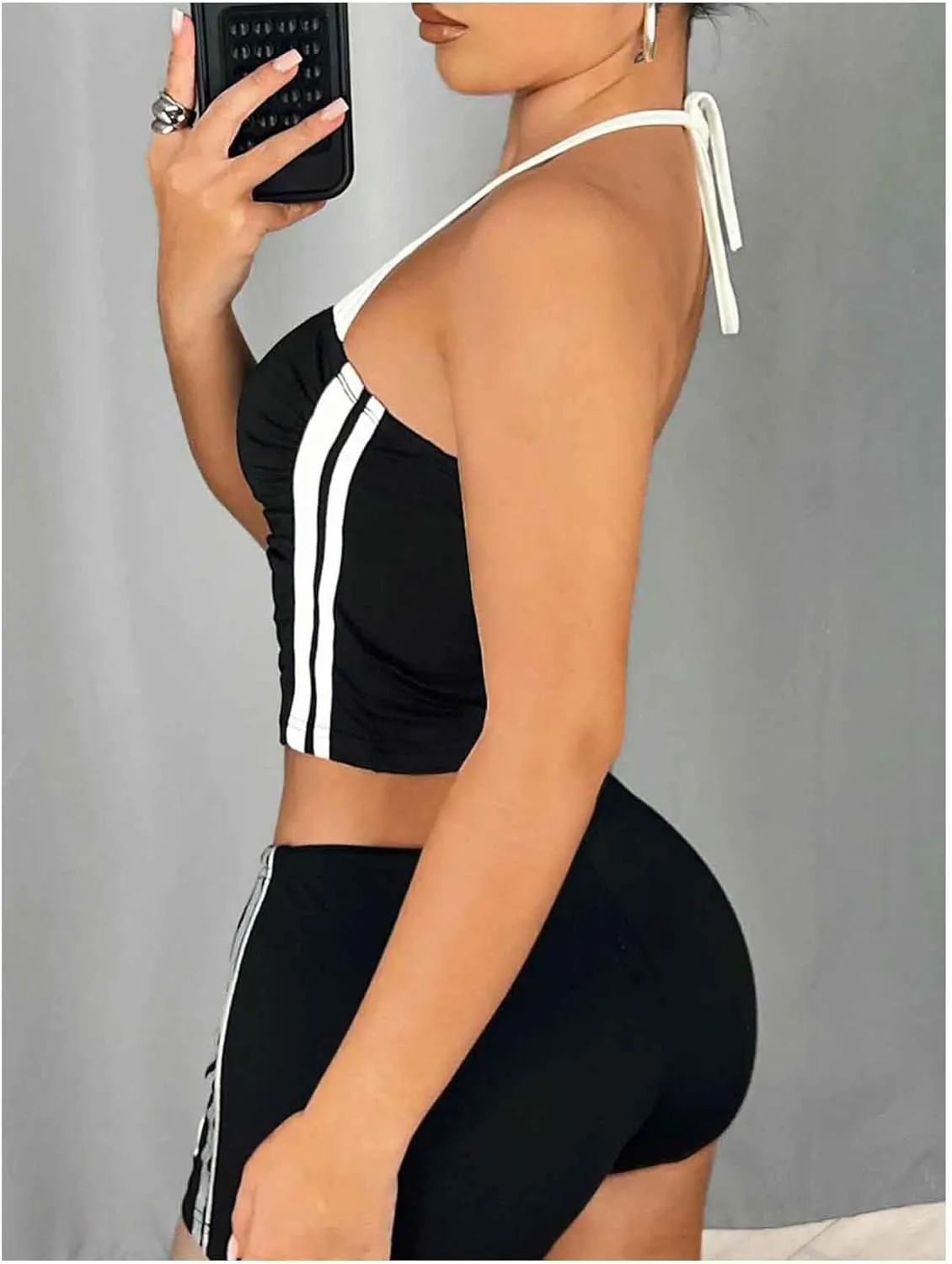Women's Colorblock Graphic Halter Tank Top Backless Tie Knot Ruched Camisole Fitted Y2k Sport Crop Tops