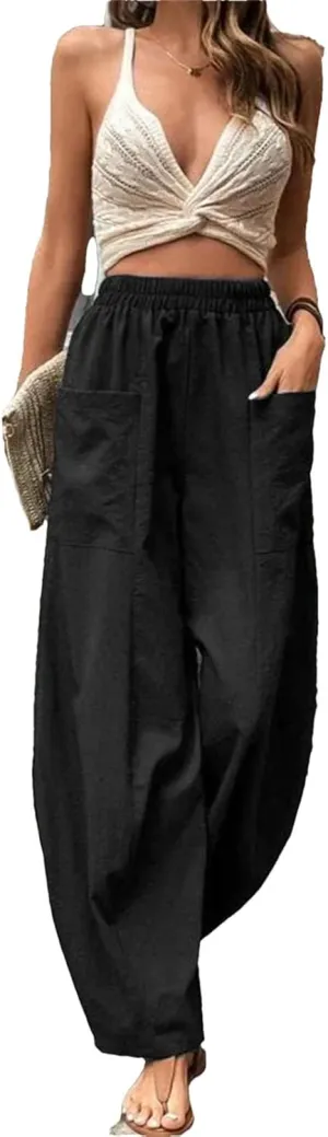 Women's Cotton Linen Harem Pants Vintage Loose Casual Trousers Elastic Waist Cargo Wide-Legged Pants