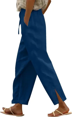 Women's Cotton Linen Leg Casual Pants Elastic Drawstring Straight Trousers with Pockets Summer Beach Lounge Pants