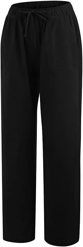 Women's Cotton Linen Pants Plus Size Wide Leg Flowy Summer Beach Pants High Waist Drawstring Pants Lounge Trouser