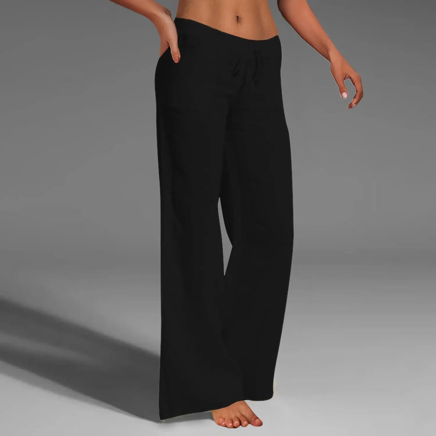 Women's Cotton Linen Pants Plus Size Wide Leg Flowy Summer Beach Pants High Waist Drawstring Pants Lounge Trouser