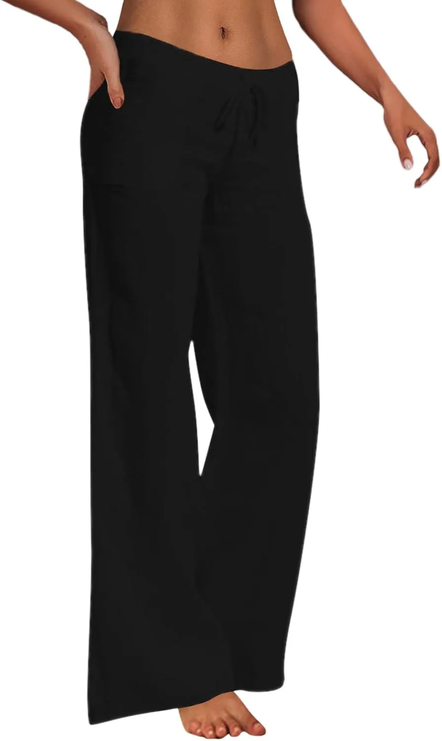 Women's Cotton Linen Pants Plus Size Wide Leg Flowy Summer Beach Pants High Waist Drawstring Pants Lounge Trouser