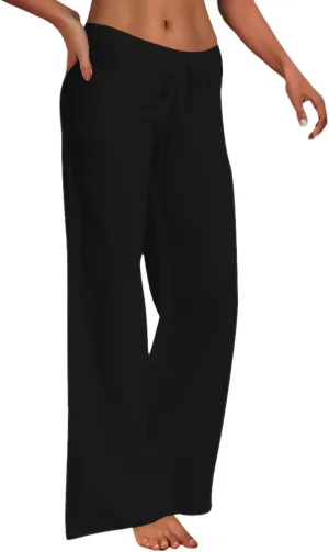 Women's Cotton Linen Pants Plus Size Wide Leg Flowy Summer Beach Pants High Waist Drawstring Pants Lounge Trouser