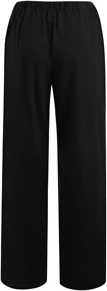 Women's Cotton Linen Pants Plus Size Wide Leg Flowy Summer Beach Pants High Waist Drawstring Pants Lounge Trouser