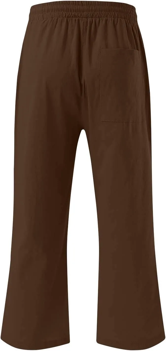 Womens Cotton Linen Summer Pull On Pant Trousers High Waist Wide Leg Plus Size Palazzo Pants Office