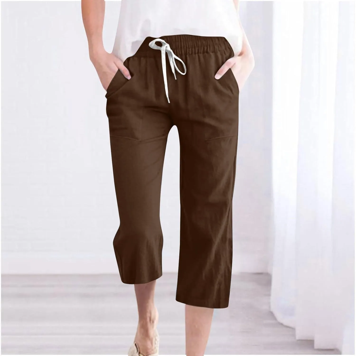 Womens Cotton Linen Summer Pull On Pant Trousers High Waist Wide Leg Plus Size Palazzo Pants Office