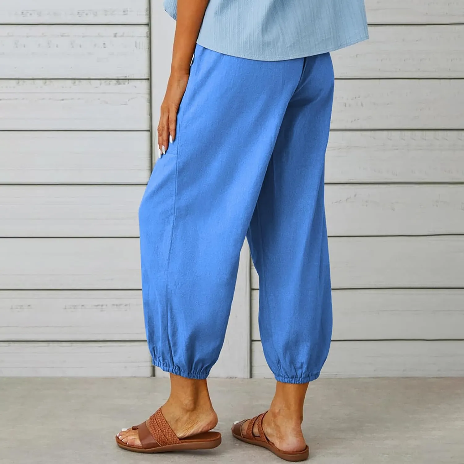 Women's Cropped Drawstring Waist Wide Leg Loose Cotton Linen Capri Pants for Women