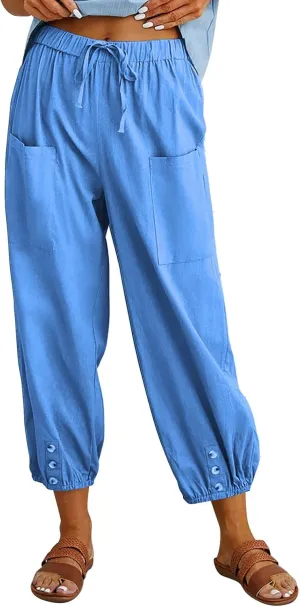 Women's Cropped Drawstring Waist Wide Leg Loose Cotton Linen Capri Pants for Women