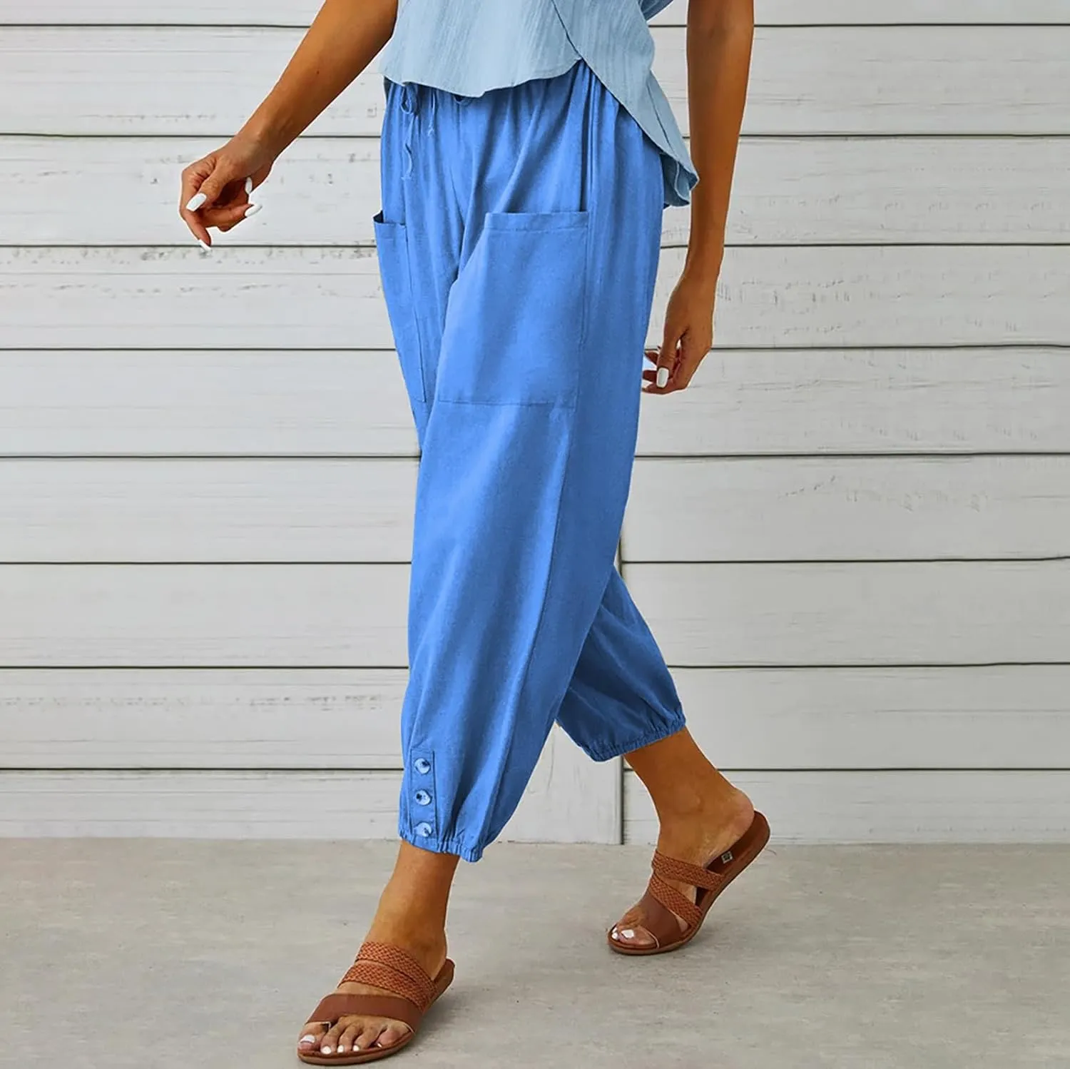 Women's Cropped Drawstring Waist Wide Leg Loose Cotton Linen Capri Pants for Women