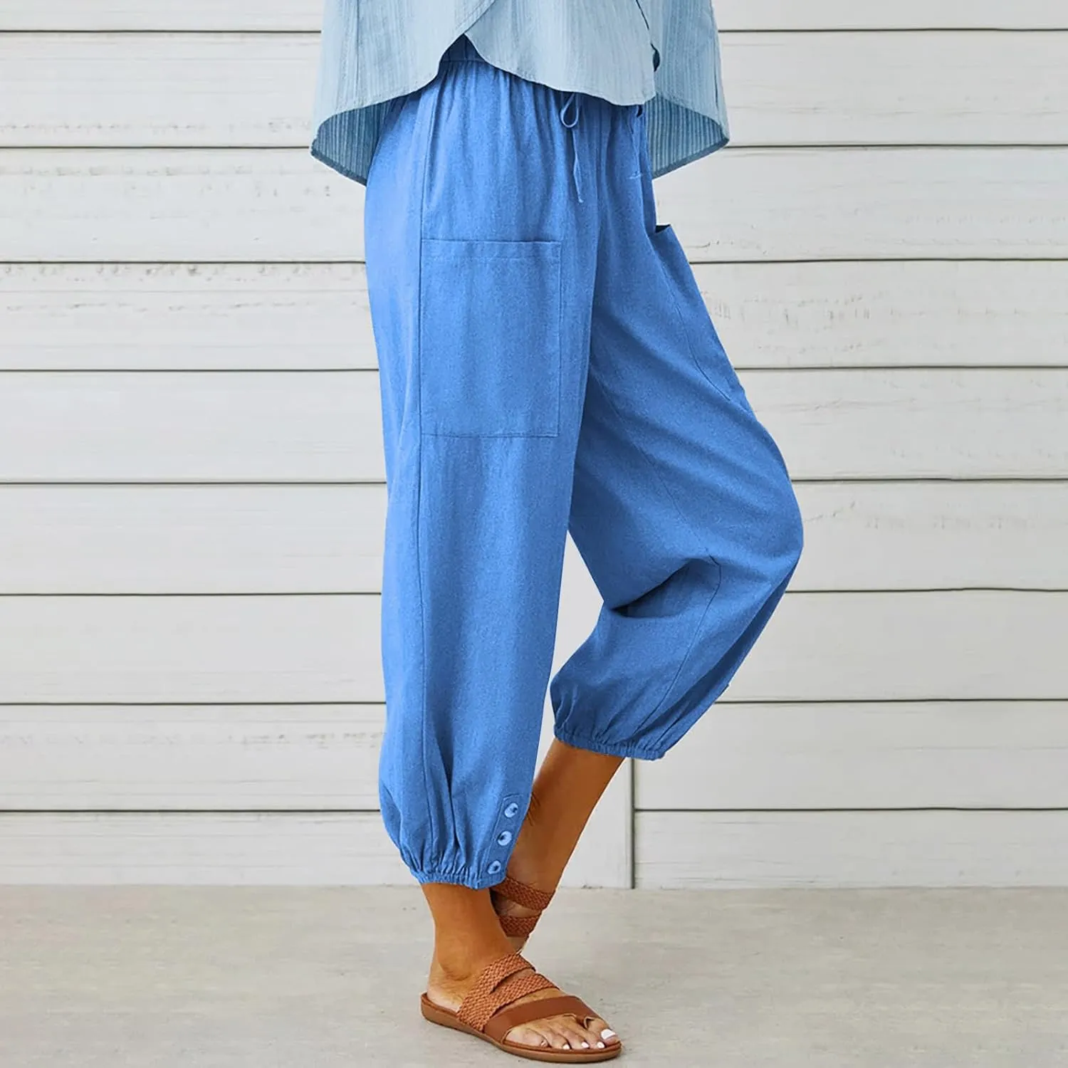 Women's Cropped Drawstring Waist Wide Leg Loose Cotton Linen Capri Pants for Women