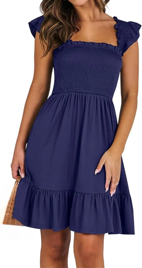 Women's Dresses Solid Color Square Collar Sleeveless Smocked Ruffle Dress High Waist Backless Tiered Mini Dresses