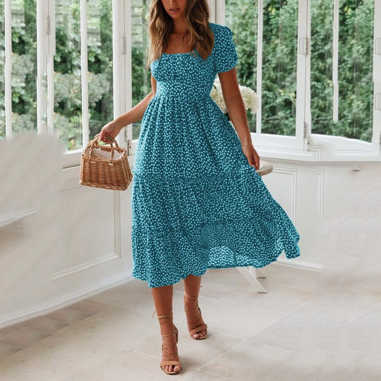 Womens Dresses Summer Plus Size Dresses Casual Short Sleeve Midi Dress Flowy Boho Sundresses Travel Printed Outfits