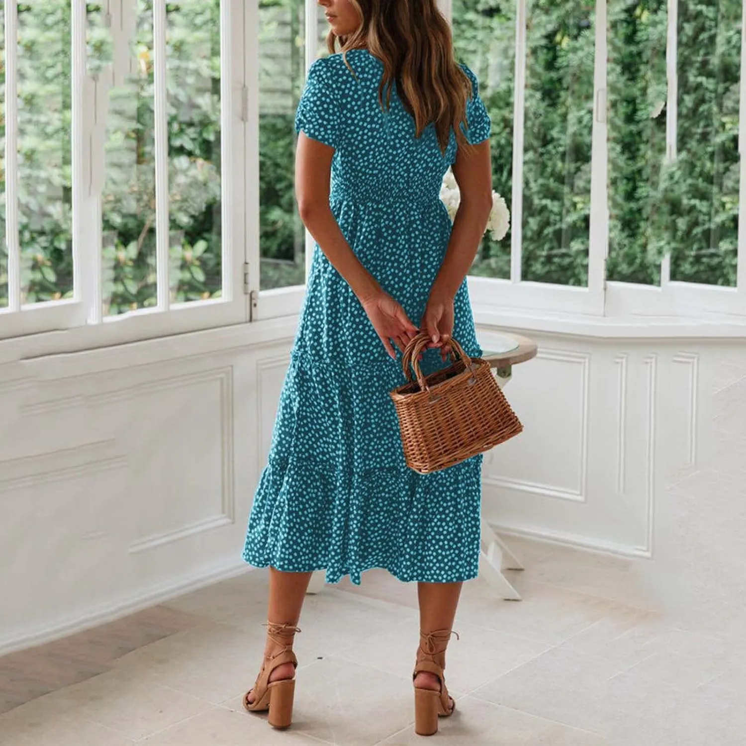 Womens Dresses Summer Plus Size Dresses Casual Short Sleeve Midi Dress Flowy Boho Sundresses Travel Printed Outfits