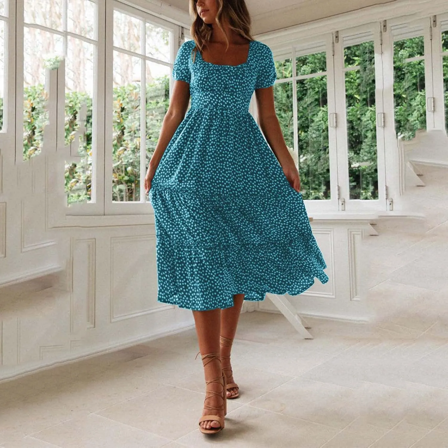 Womens Dresses Summer Plus Size Dresses Casual Short Sleeve Midi Dress Flowy Boho Sundresses Travel Printed Outfits