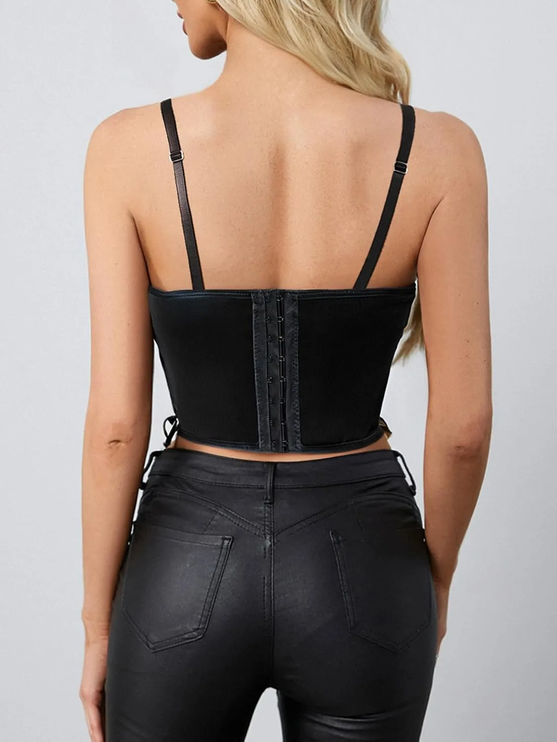 Women's Goth Lace Up Leather Camisole Top Deep V Neck Asymmetrical Crop Party Club Corset Tops