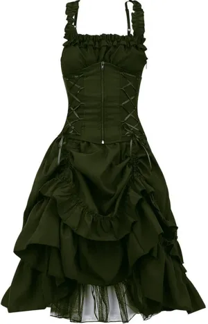 Women's Gothic Dress Square Neck Sleeveless Ruffle Steampunk Costume Victorian Outfit Halloween Masquerade Dresses