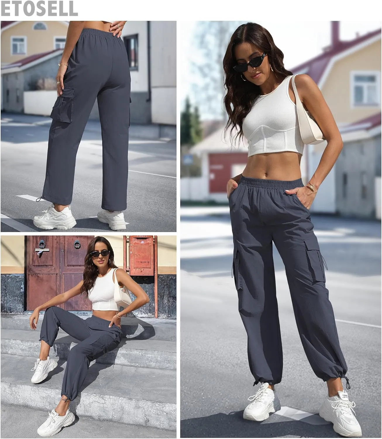 Women's High Waisted Cargo Pants Baggy Trendy Hiking Parachute Pants with Pockets Y2K Cargo Trousers Drawstring Ankles