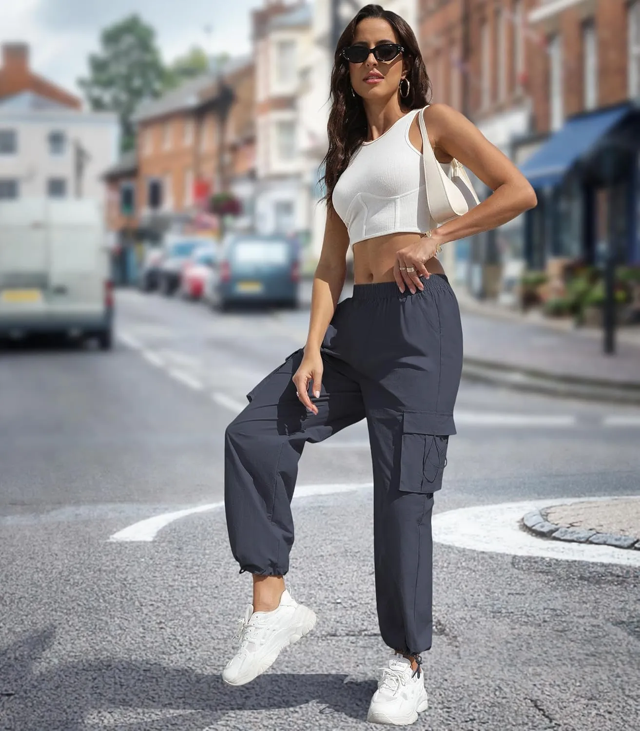 Women's High Waisted Cargo Pants Baggy Trendy Hiking Parachute Pants with Pockets Y2K Cargo Trousers Drawstring Ankles