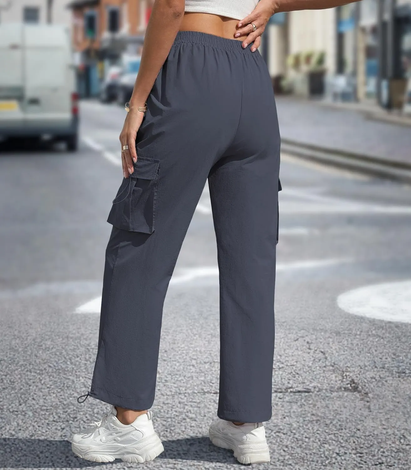 Women's High Waisted Cargo Pants Baggy Trendy Hiking Parachute Pants with Pockets Y2K Cargo Trousers Drawstring Ankles