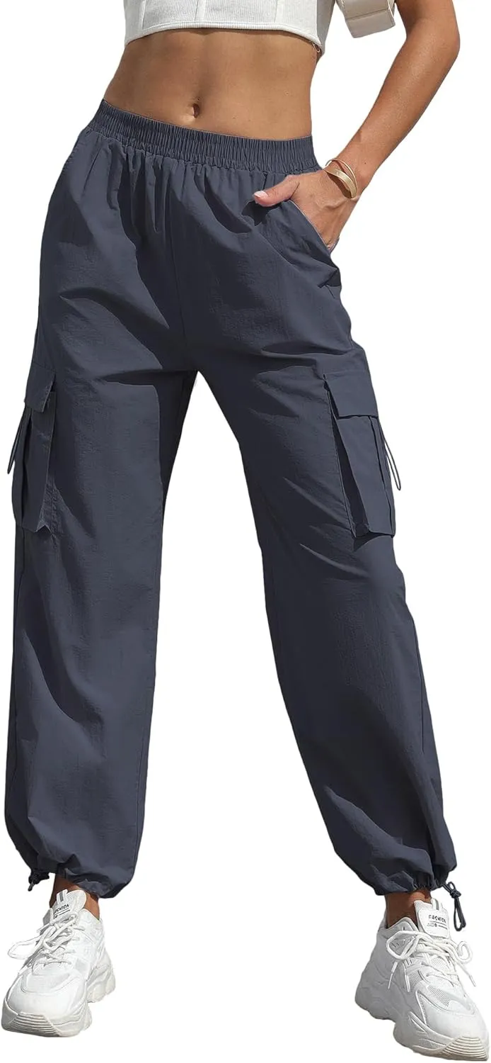 Women's High Waisted Cargo Pants Baggy Trendy Hiking Parachute Pants with Pockets Y2K Cargo Trousers Drawstring Ankles