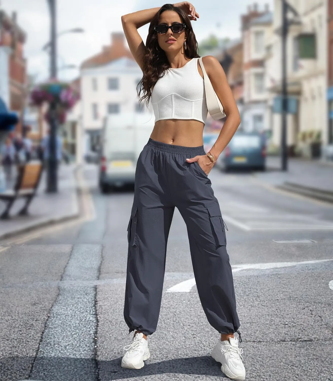 Women's High Waisted Cargo Pants Baggy Trendy Hiking Parachute Pants with Pockets Y2K Cargo Trousers Drawstring Ankles