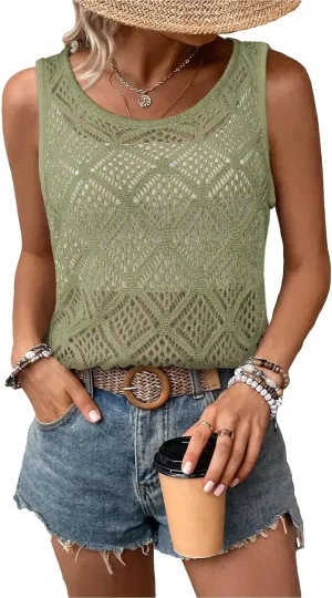 Women's Hollow Sweater Vest Crochet Tank Tops Knit Out Sleeveless Cover Up Summer Boho Top Pullover
