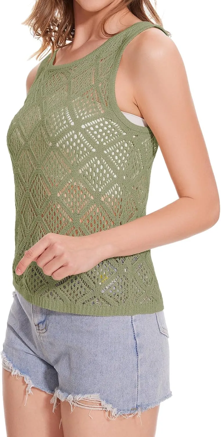 Women's Hollow Sweater Vest Crochet Tank Tops Knit Out Sleeveless Cover Up Summer Boho Top Pullover