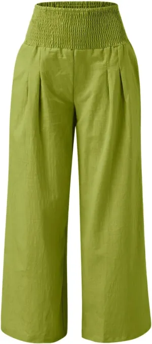 Womens Linen Palazzo Pants Casual Summer Wide Leg High Waist Lounge Slacks Boho Beach Flowy Travel Vacation Trousers