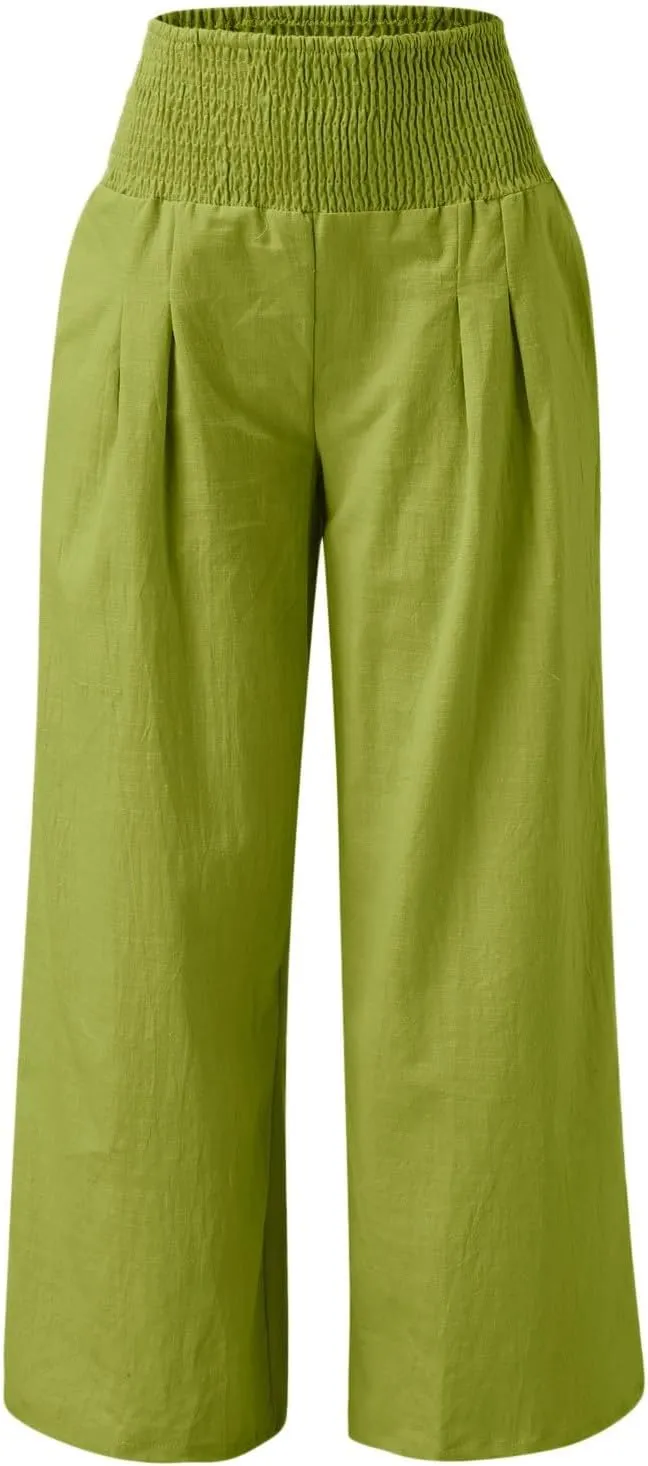 Womens Linen Palazzo Pants Casual Summer Wide Leg High Waist Lounge Slacks Boho Beach Flowy Travel Vacation Trousers