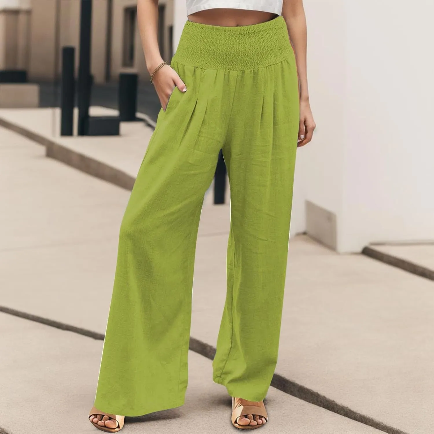 Womens Linen Palazzo Pants Casual Summer Wide Leg High Waist Lounge Slacks Boho Beach Flowy Travel Vacation Trousers