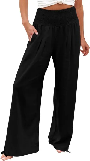 Womens Linen Palazzo Pants Casual Summer Wide Leg High Waist Slacks Plus Size Boho Beach Travel Trousers with Pockets