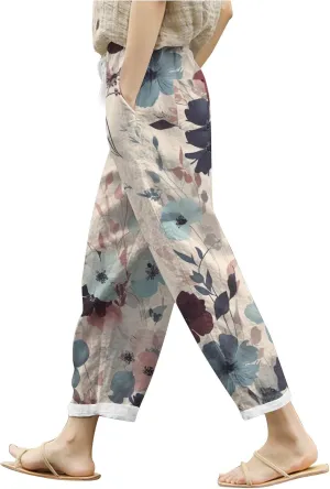 Women's Linen Pants Palazzo Baggy Pants Cotton Boho Casual Gauze Long Pant Wide Leg Lounge Trousers with Pockets