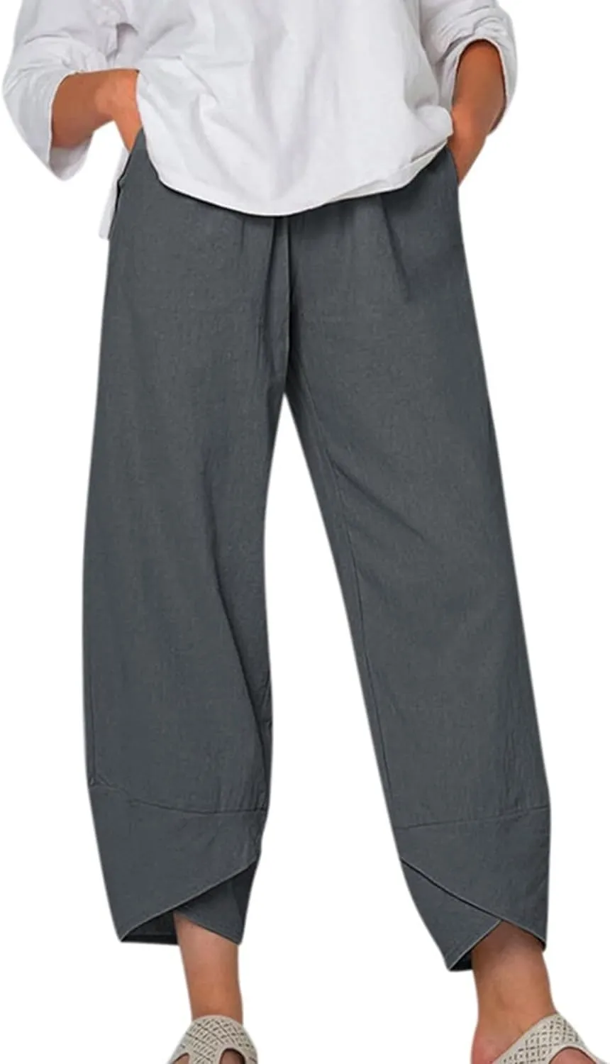 Womens Linen Pants Summer Casual Cropped Comfy Baggy Trousers