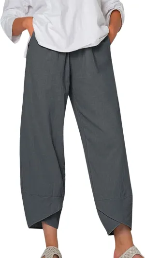 Womens Linen Pants Summer Casual Cropped Comfy Baggy Trousers